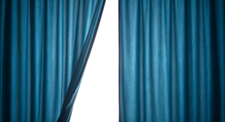 elegant blue curtains pulled aside creating a dramatic theater stage backdrop