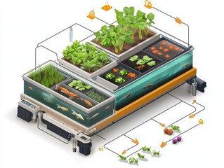 Isometric cutaway of an aquaponics farm system with fish tank, water circulation, LED-lit plant beds, and nutrient flow arrows. Sustainable farming illustration on white.