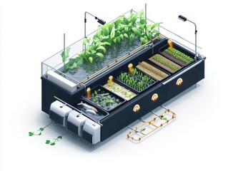 Isometric cutaway of an aquaponics farm system with fish tank, water circulation, LED-lit plant beds, and nutrient flow arrows. Sustainable farming illustration on white.
