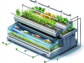Isometric cutaway of an aquaponics farm system with fish tank, water circulation, LED-lit plant beds, and nutrient flow arrows. Sustainable farming illustration on white.