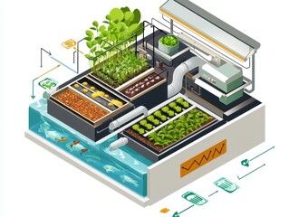 Isometric cutaway of an aquaponics farm system with fish tank, water circulation, LED-lit plant beds, and nutrient flow arrows. Sustainable farming illustration on white.