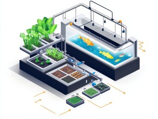 Isometric cutaway of an aquaponics farm system with fish tank, water circulation, LED-lit plant beds, and nutrient flow arrows. Sustainable farming illustration on white.