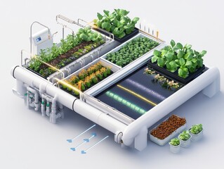 Isometric cutaway of an aquaponics farm system with fish tank, water circulation, LED-lit plant beds, and nutrient flow arrows. Sustainable farming illustration on white.