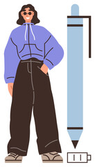 Woman in a hoodie and wide-leg pants beside large pen and battery icon. Ideal for creativity, productivity, individuality, modern lifestyle, technology, design education, simple flat metaphor
