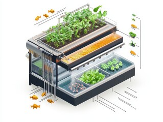 Isometric cutaway of an aquaponics farm system with fish tank, water circulation, LED-lit plant beds, and nutrient flow arrows. Sustainable farming illustration on white.