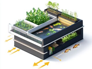 Isometric cutaway of an aquaponics farm system with fish tank, water circulation, LED-lit plant beds, and nutrient flow arrows. Sustainable farming illustration on white.