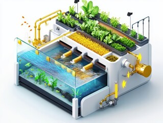Isometric cutaway of an aquaponics farm system with fish tank, water circulation, LED-lit plant beds, and nutrient flow arrows. Sustainable farming illustration on white.