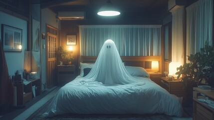 A haunting silhouette draped in white captivates in a serene bedroom, blending mystery with comfort late at night