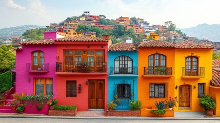 Charming colonial homes in vibrant colors, surrounded by lush plants on a culturally rich hillside