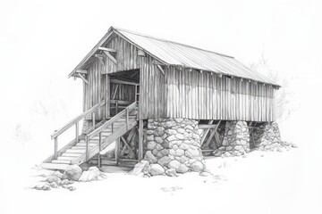 Hand-drawn architectural sketch of a rural hydro-powered sawmill with stone foundation and timber housing. Pencil style illustration on white.