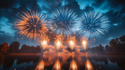 Colorful fireworks light up the dusky sky, reflecting vibrant hues on the serene lake below
