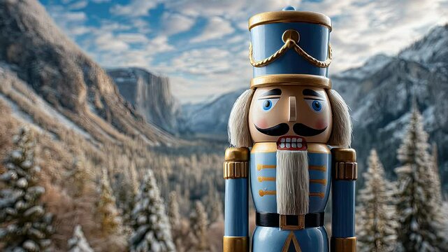 Nutcracker figure against snowy mountain background