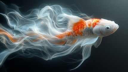 A vibrant koi fish swims smoothly, its flowing fins resembling delicate wisps of silk in serene waters