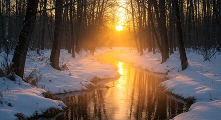 Winter landscape with a stream reflecting the golden sunrise through snow covered forest