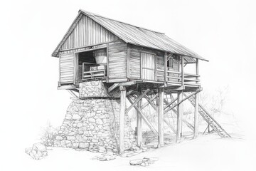 Hand-drawn architectural sketch of a rural hydro-powered sawmill with stone foundation and timber housing. Pencil style illustration on white.