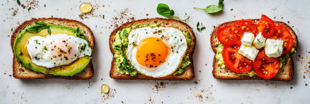 Delight in a vibrant breakfast board featuring toasted bread topped with avocado, tomatoes, and sunny-side-up eggs. Perfect for a cheerful morning gathering with friends or family, banner - Powered by Adobe