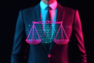 An official receiving a bribe hologram projected from a wrist device, with scales of justice in the background, neon accents, Futuristic 3D art.