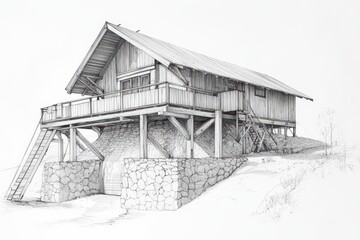 Hand-drawn architectural sketch of a rural hydro-powered sawmill with stone foundation and timber housing. Pencil style illustration on white.