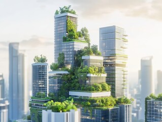 Professional blueprint of a futuristic vertical eco-city with green terraces and mixed-use towers designed for urban sustainability.