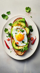 Delicious breakfast toast topped with creamy avocado, golden fried eggs, and fresh cherry tomatoes, garnished with cilantro, enjoyed in a stylish kitchen setting
