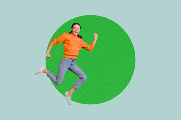 Full 3d poster art photo collage of happy businesswoman businessman run geometric figure...