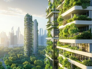 Professional blueprint of a futuristic vertical eco-city with green terraces and mixed-use towers designed for urban sustainability.