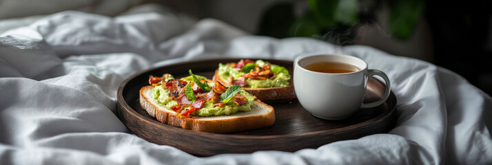Enjoy a delightful breakfast featuring two creative toasts with avocado and bacon, accompanied by a cup of warm tea, all set on a cozy bed amidst soft, inviting blankets, banner