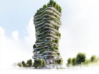 Sketch of an eco-friendly skyscraper with vertical gardens and integrated renewable energy systems. Modern green building concept.