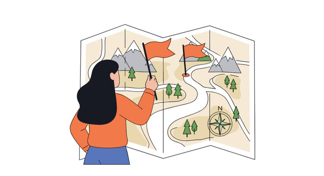 Woman with flags planning an adventure route on a detailed paper map