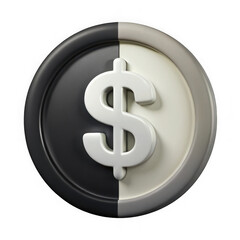 Stylized dollar sign coin with black and white halves isolated on transparent background	