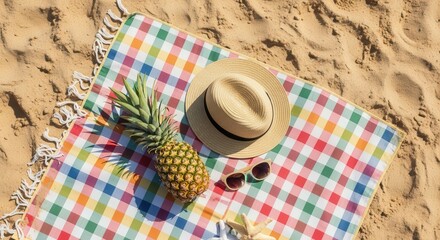 Pineapple, Straw Hat and Sunglasses on Colorful Picnic Blanket at Beach | Sunny Summer Vacation Still Life for Travel, Tourism and Food Marketing