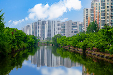 Landscape of lake and apartment