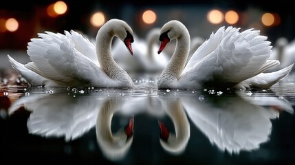 Obraz premium Elegant pair of white swans with curved necks and flowing feathers gracefully floating on calm water at sunset with blurred lights in the background