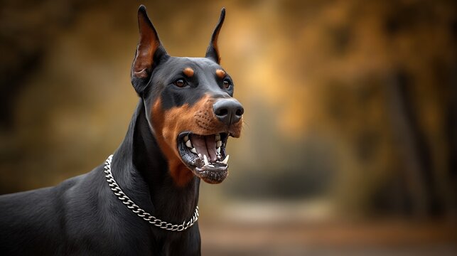 Alert doberman pinscher with mouth open and chain collar in autumnal outdoor setting - Powered by Adobe