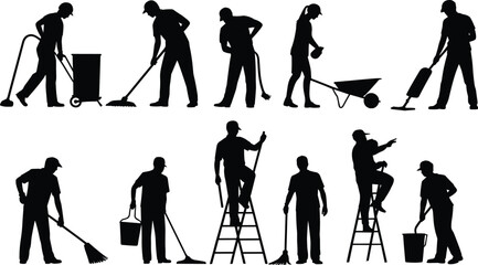 Obraz premium Silhouette workers performing cleaning, construction, lifting, sweeping, and maintenance tasks, vector illustration of male and female labor actions
