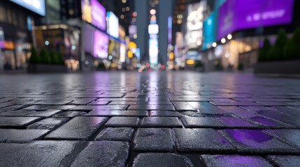 Vibrant neon lights reflecting on wet pavements in an urban night scene city streets at ground level capturing the essence of night life