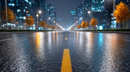 Vibrant neon night city lights reflected on glossy wet road urban street scene stunning gigapixel imagery evening atmosphere dynamic viewpoint
