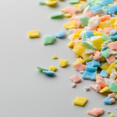 Exploded candy shards with vibrant colors over a glossy background, fun and dynamic, perfect for playful designs