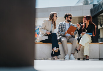 Diverse team of Asian and European businesspeople sharing ideas while seated outdoors, fostering...