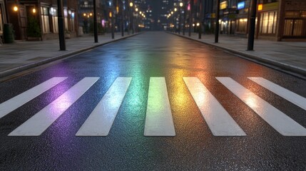 Neon lights reflected on wet crosswalks city streets at night urban environment symmetrical viewpoint