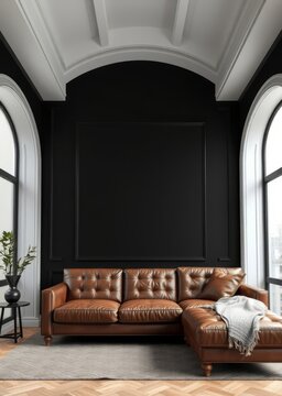 Stylish interior of living room with design brown armchair wooden bookcase pendant lamp carpet decor picture frames and elegant personal accessories in modern retro home decor template Empty roo