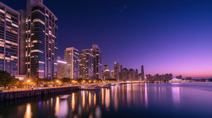 Obraz premium Stunning city skyline at dusk, showcasing modern architecture and vibrant reflections on water. scene evokes tranquility and beauty