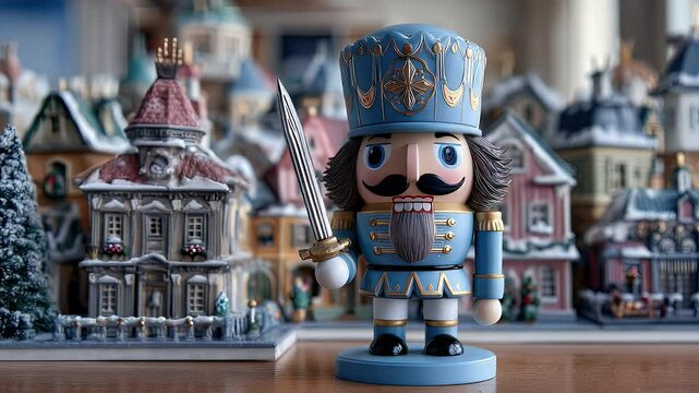 Nutcracker ornament in front of miniature town