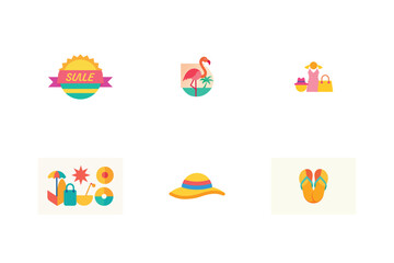 Fototapeta premium Colorful Summer Icons Depicting Sales, Vacation, Beach, and Relaxation Activities in a Flat Design Style