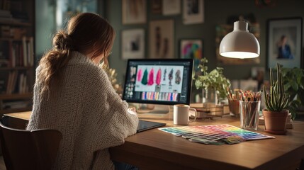 Creative woman working on fashion design projects using computer with clothing illustrations and color palette in cozy home studio