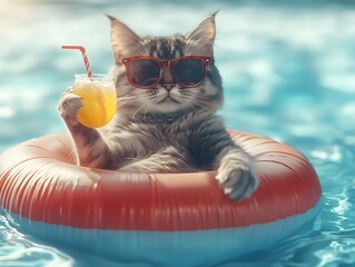 Paws and Drinks: A Cat in Sunglasses Enjoying a Relaxing Cocktail Moment, cat in the pool