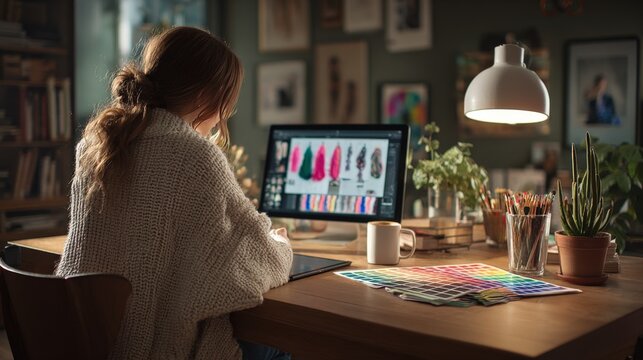 Creative woman working on fashion design projects using computer with clothing illustrations and color palette in cozy home studio - Powered by Adobe