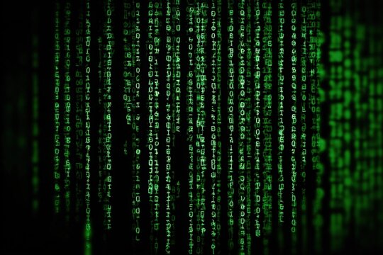 Digital code streaming in green matrix style representing data flow coding technology cybersecurity and programming concept