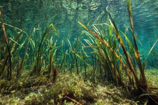 Submerged image of thick water plants in an established lake bulrush