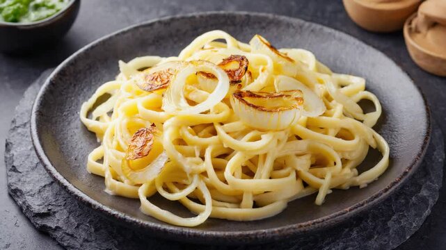 K&auml;sesp&auml;tzle, Traditional German dish, Close-up of sp&auml;tzle covered in cheese and fried onions, Soft yellow and brown tones, Soft indoor lighting, Warm and comforting
